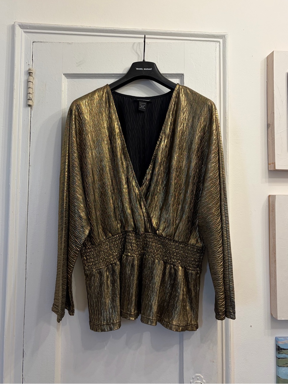 Ashley Stewart Gold Metallic Surplice Smocked Waist Blouse